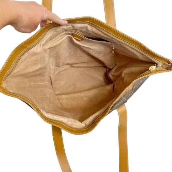 Gucci Vintage Trapezoid Canvas Logo Monogram Tan Gold Leather Tote Bag - Picture 12 of 15